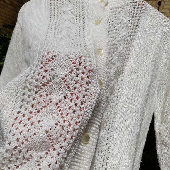 Vintage 60s Cardigan Sweater White Large 43" Bust Moonglow Buttons - Picture 7 of 12